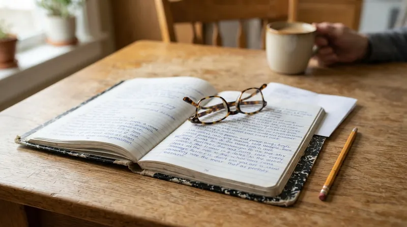 An open marbled composition notebook with handwritten notes and a folded paper tucked into the back pocket, reading glasses resting on top