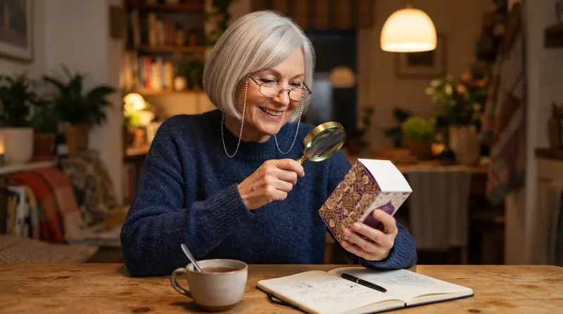 A woman in her sixties with silver hair and reading glasses examining the side panel of a tea box through a brass magnifying glass at her kitchen table