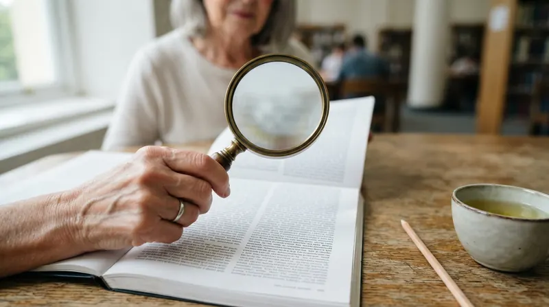 A brass magnifying glass held over a printed research article with dense unreadable columns on a library table beside a cup of tea