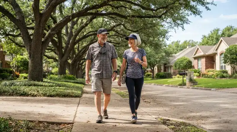 An older woman with silver hair walking with her husband along a tree-lined neighborhood sidewalk on a sunny afternoon in Texas