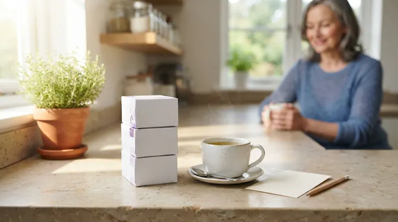 A small stack of white and purple herbal tea boxes beside a ceramic mug and a handwritten note card on a sunny kitchen counter