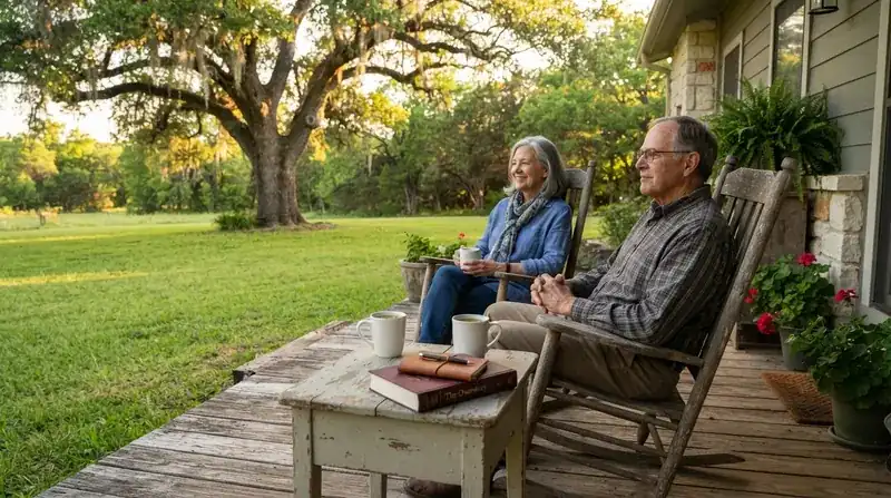 Two mugs of tea and a closed hardcover book on a wooden porch table under a live oak at golden hour in Texas