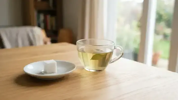 A single white sugar cube on a saucer beside a glass cup of golden-green herbal tea and one dried green leaf on a wooden table