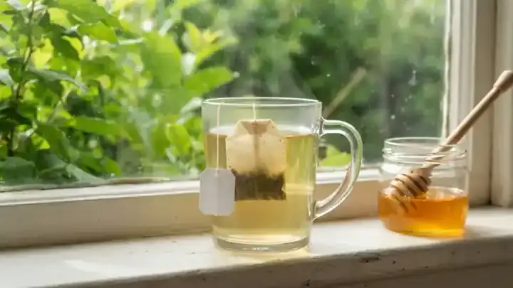 An unbleached tea bag steeping in a clear glass mug of golden-green tea on a sunlit windowsill with a small honey jar beside it