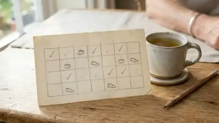 A hand-drawn weekly calendar page on aged paper with small pencil check marks and tiny teacup doodles, lying beside a mug of tea
